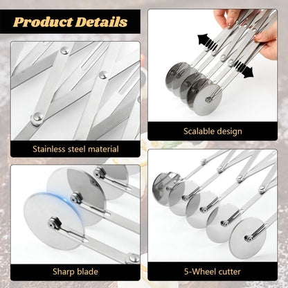 5 Wheel Pastry Cutter, Stainless Pizza Slicer, with1 Pc Double Wheel Cutter, Expandable Dough, Multi-Round Pastry Knife Baking Roller Cookie Dough Divider