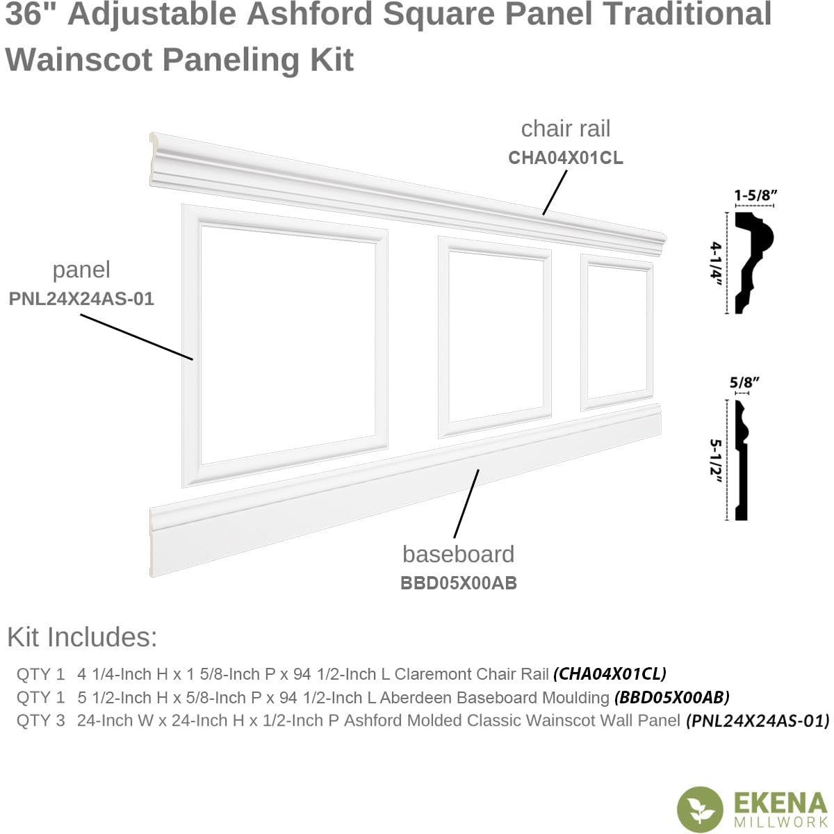 94 1/2"L (Adjustable 36"H to 40"H) Ashford Square Panel Traditional Wainscot Paneling Kit
