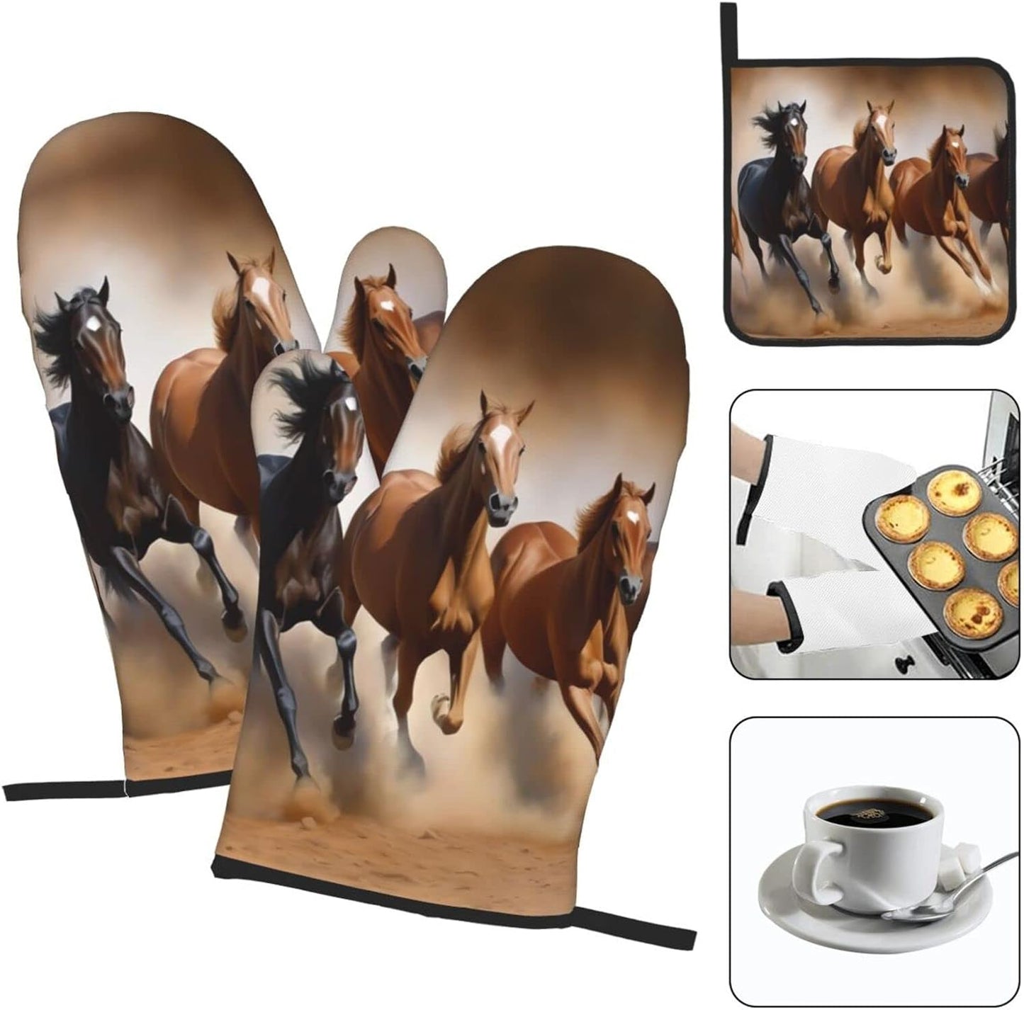 Oven Mitts and Potholders, Animal Horse Elegant Running Horse in Desert Sand Storm Baking Glove and Pot Holder, 3-Piece