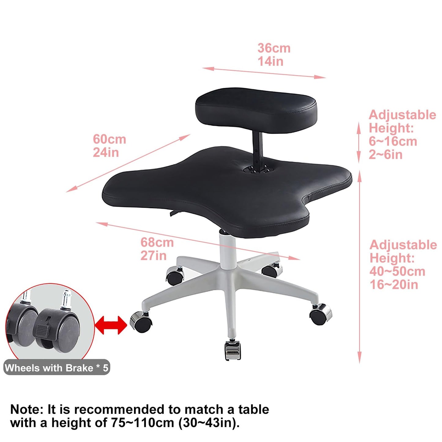 GenSDH Kneeling Office Chair, Meditation Chair, Ergonomic Height Adjustable Office Stool, Cross Legged Chair with Wheels (Pink Screw Adjustment),Pink-Screw Adjustment