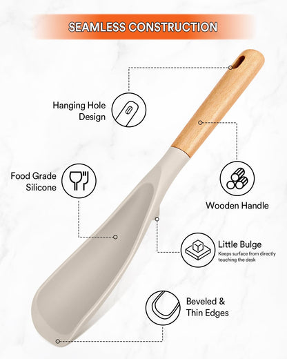 Cooking Spoon for Nonstick Cookwares, Great for Cooking and Serving Sturdy BPA-Free Matte Silicone, Wood Handle Spoon for Mixing, Scoop, and Scrape (Khaki & Turquoise, 11.4 inch)