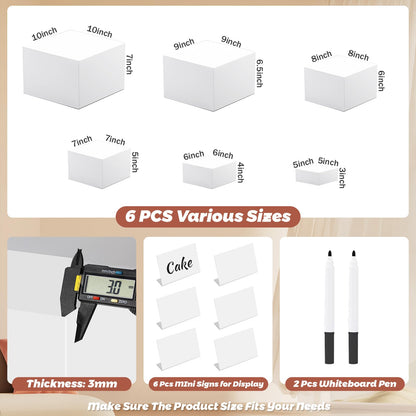 6Pcs Buffet Risers with Mini Sign and Maker, Acrylic Food Risers for Buffet Table, White Food Display Stands for Party, Collectibles Jewelry Display Stand, Acrylic Boxes Nesting Risers(10",9",8",7",6",5")