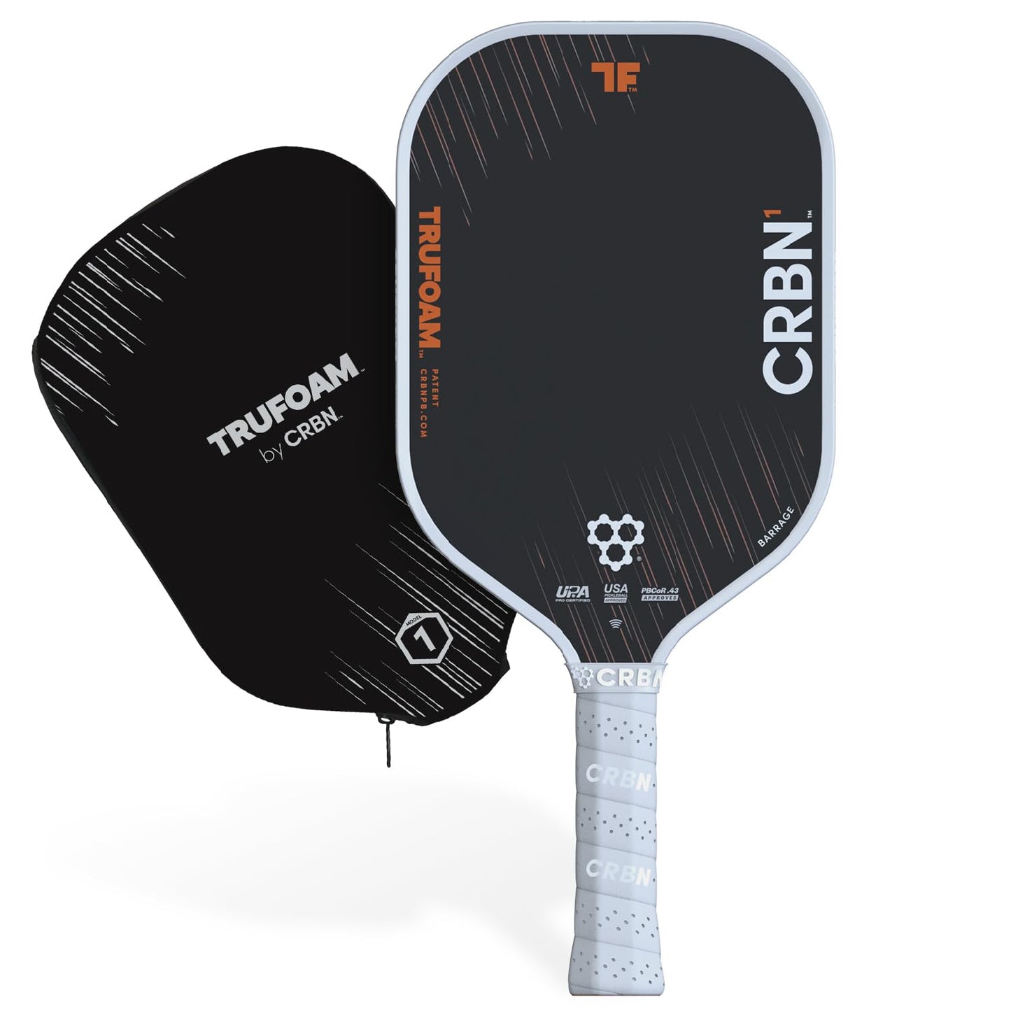 CRBN Pickleball - TruFoam Barrage 1 Pickleball Paddle - Elongated w/Long Handle - Carbon Fiber Pickleball Paddle - 100% Foam Floating Core Designed for Maximum Power, 14mm