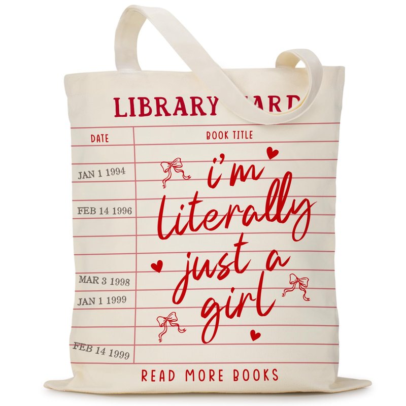 Puuonnnnno Library Card Canvas Tote Bag Gifts for Book Lovers - Christmas Gifts for Book Lovers, Librarian, Bookish, Readers - I’m Literally Just a Girl