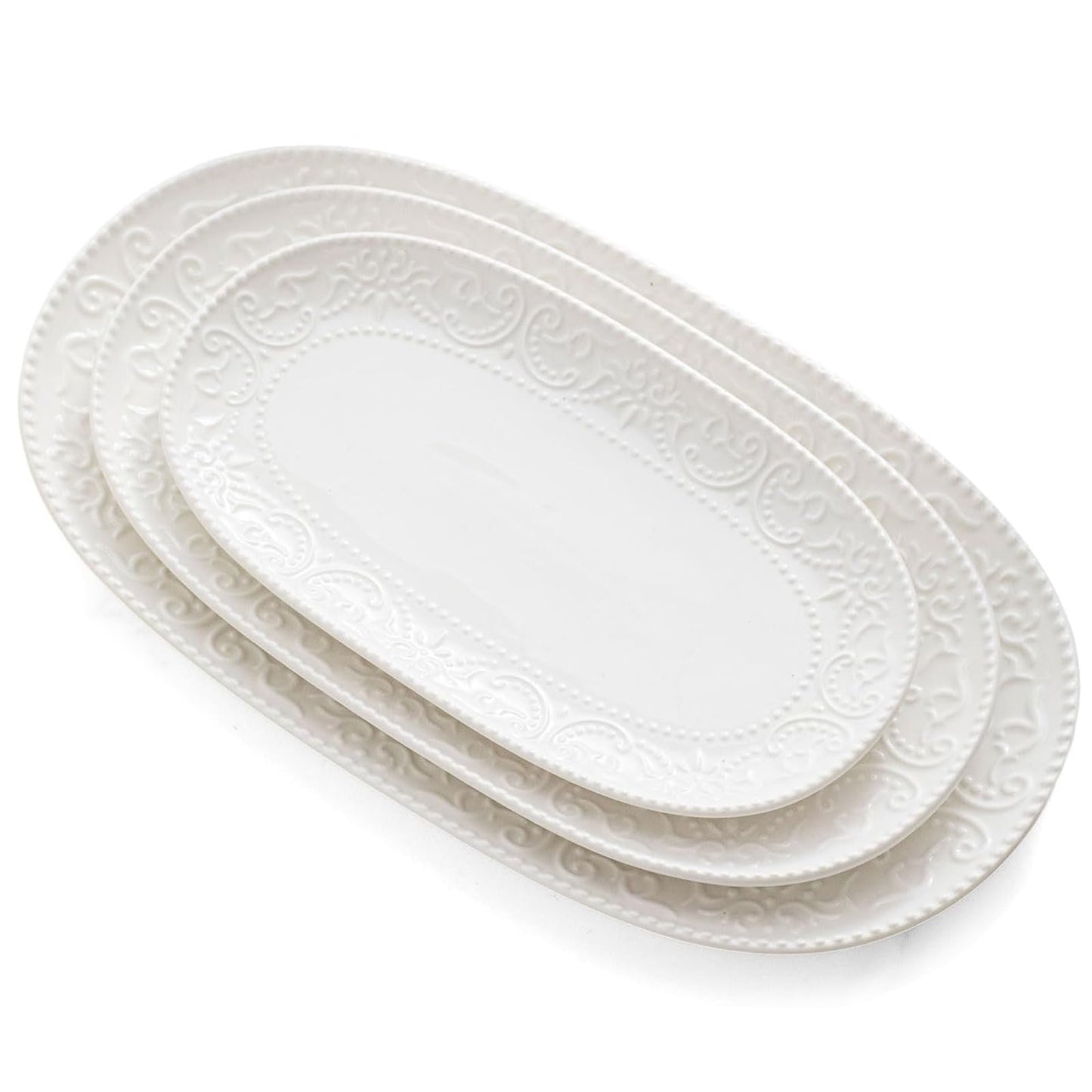 Oval Serving Platter, 14"/12"/10" Ceramic Serving Platters, Embossed White Serving Plates, Stackable Porcelain Tray for Appetizer, Dessert, Pasta, Sushi, Oven Dishwasher Safe, Set of 3, Family Dining
