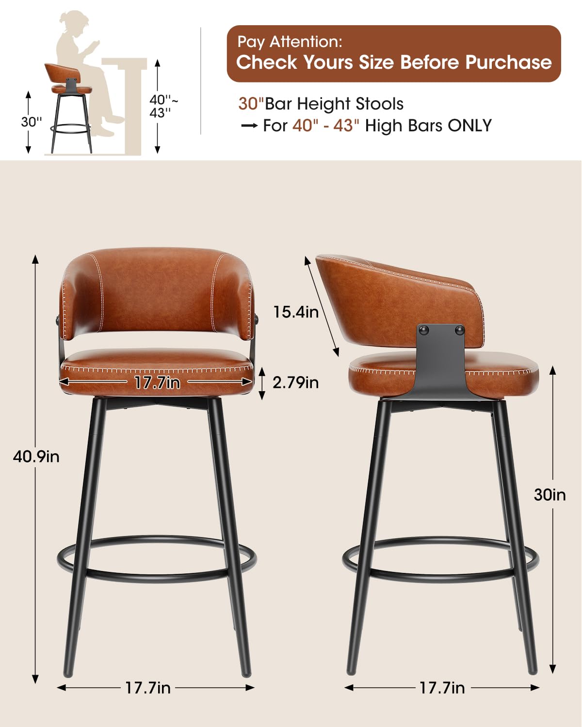 IZXGS Bar Stools Set of 4, 30" Swivel Bar Height Bar Stools with Curved Back, Mid-Century Modern Faux Leather Bar Chairs with Stitching for Kitchen Island, Dining, Living Room, Vintage Brown
