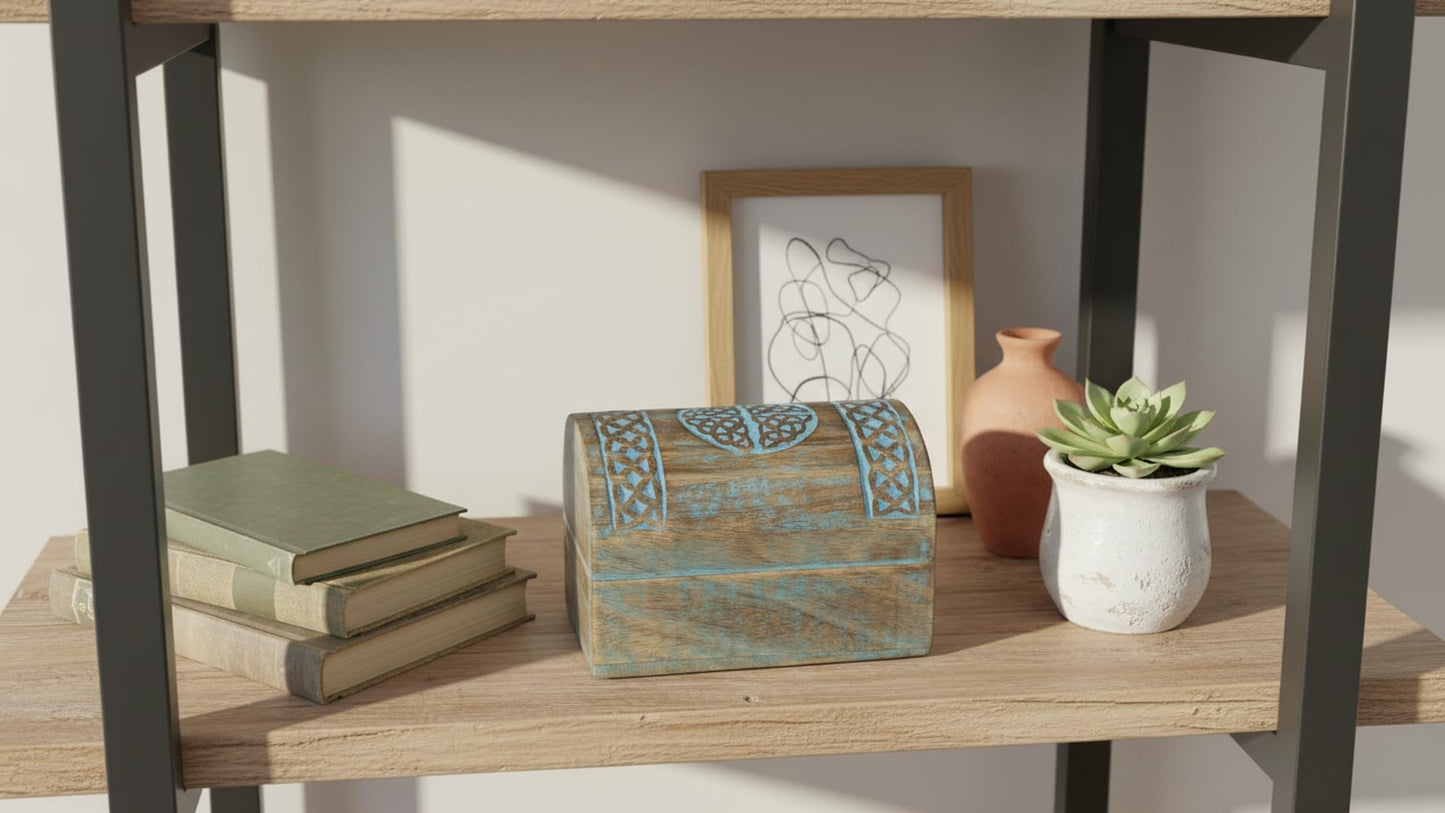 The Great Indian Bazaar Handmade Decorative Wooden Jewelry Box With Celtic Carving - Blue, Rectangular, Table Top, Unisex, Ideal For Home Decor & Gifting