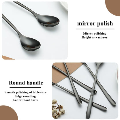 Black Long Handle Iced Tea Spoon Set of 12 Pieces, Titanium Plating Black Stainless Steel Teaspoons, Dishwasher Safe