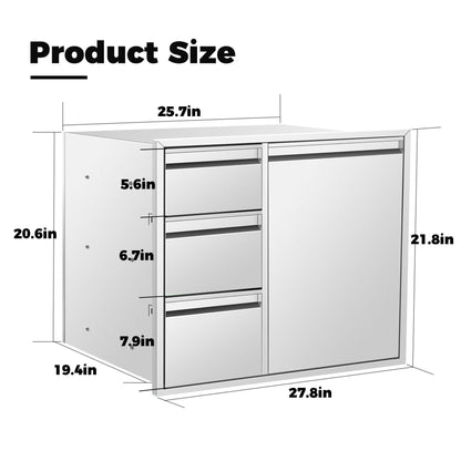 POPMOON Outdoor Kitchen Drawer Combo with Triple Drawers & Trash Bin Compartment | Includes 2X 20L Trash Cans | Outdoor Kitchen Access Drawers for Grill Station, 28" W x 22" H x 19" D