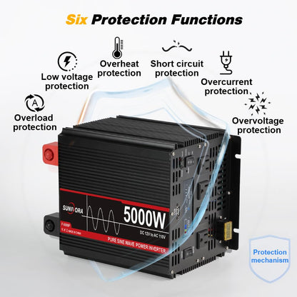 5000 Watt Pure Sine Wave Power Inverter, 12V DC to 110V/120V AC Converter 10000W Peak, with Remote Control LCD, 4 AC Outlets & USB Port & Hardwire Terminal, for Car Truck RV Camping Solar System EPS