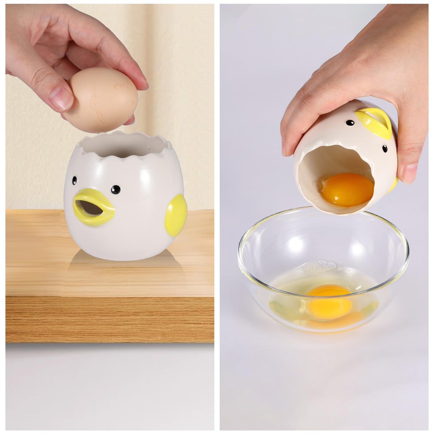 2 Pack Cute Egg Separator, Ceramics Vomiting Chicken Egg Yolk Egg White Separator, Little Chick Small Egg Filter Splitter,Dishwasher Safe (Yellow & Pink)