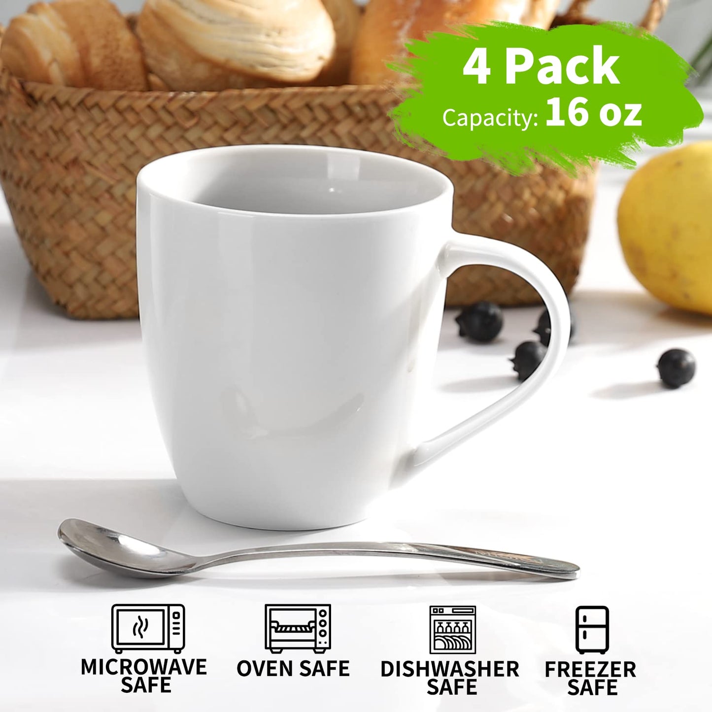 Mfacoy White Coffee Mugs Set of 4, 16 Ounce Mug with Handles, Ceramic Coffee Cups, Porcelain Mugs Sets, Large Coffee Mugs for Coffee, Tea, Hot Cocoa, Milk, Microwave and Dishwasher Safe