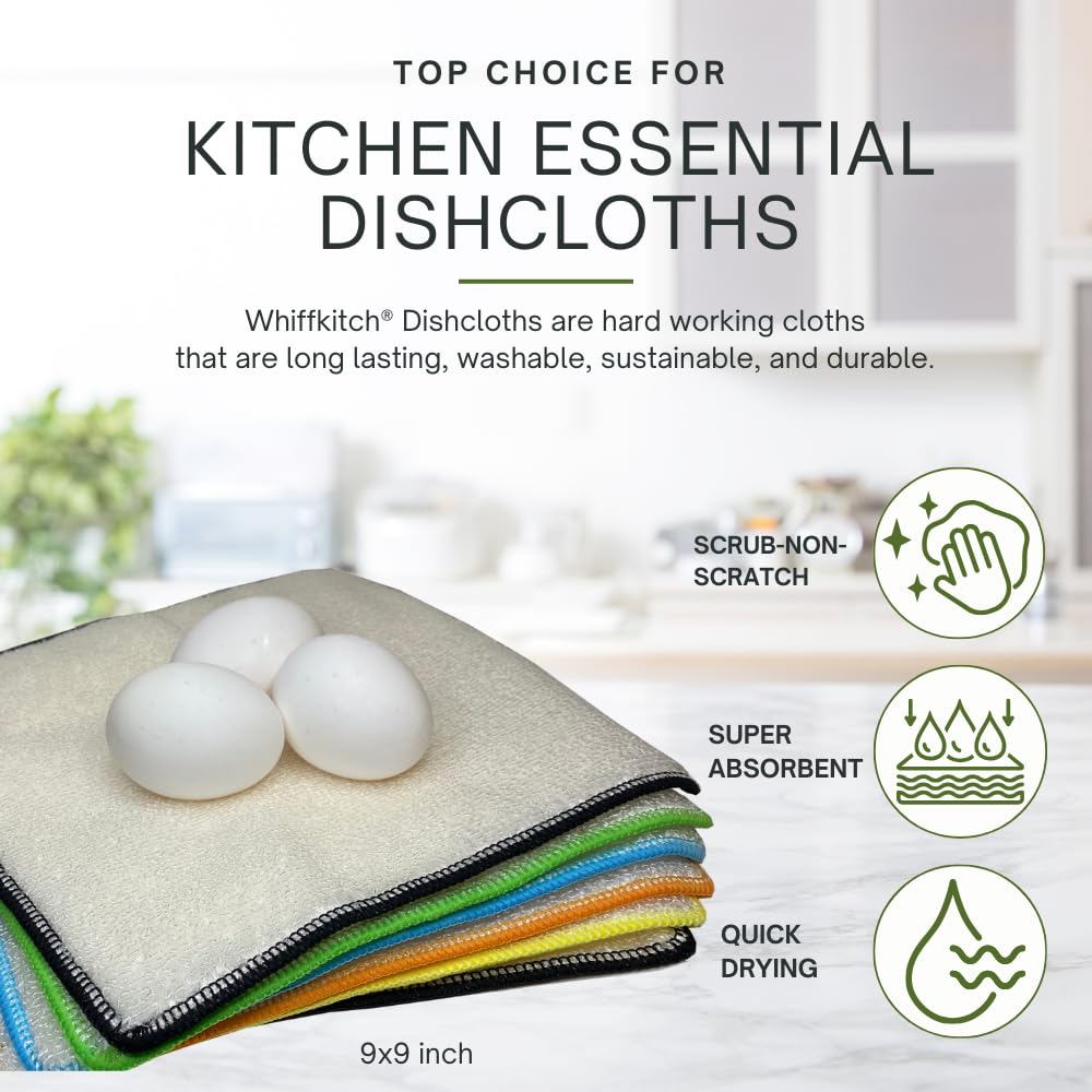 Whiffkitch Dishcloths Dishrags for Kitchen and Household Cleaning 9x9 6-Pack Non-Scratch 2-Ply Weave, Bamboo-Rayon Fabric, Absorbent, Washable, Long-Lasting