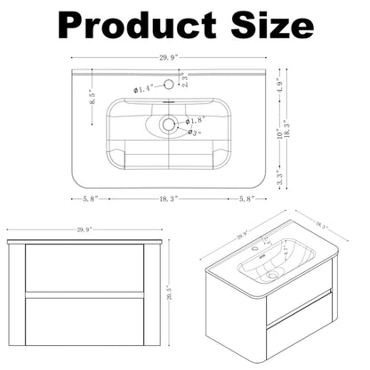 GDFStudio 30" Wall Mounted Bathroom Vanity with Sink,Floating MDF Cabinet with Soft-Close Double Drawers,Vanity with White Ceramic Integrated Basin, Modern Space-Saving Bathroom Storage,Dark Walnut