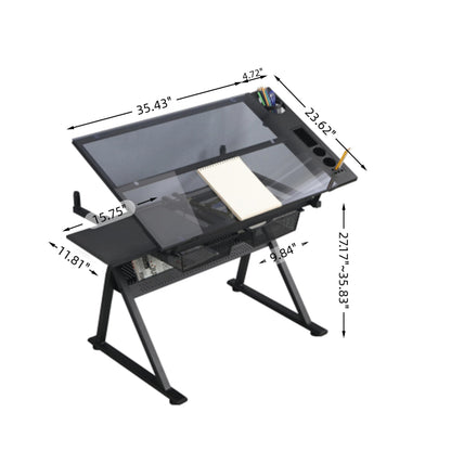 Adjustable Drafting Table with 0-75° Glass Top, Height Adjustable Standing Desk for Artists, Writing Desk for Home Office, Computer Desk with Storage, Black Long Desk for Designers & Art Students,A-1