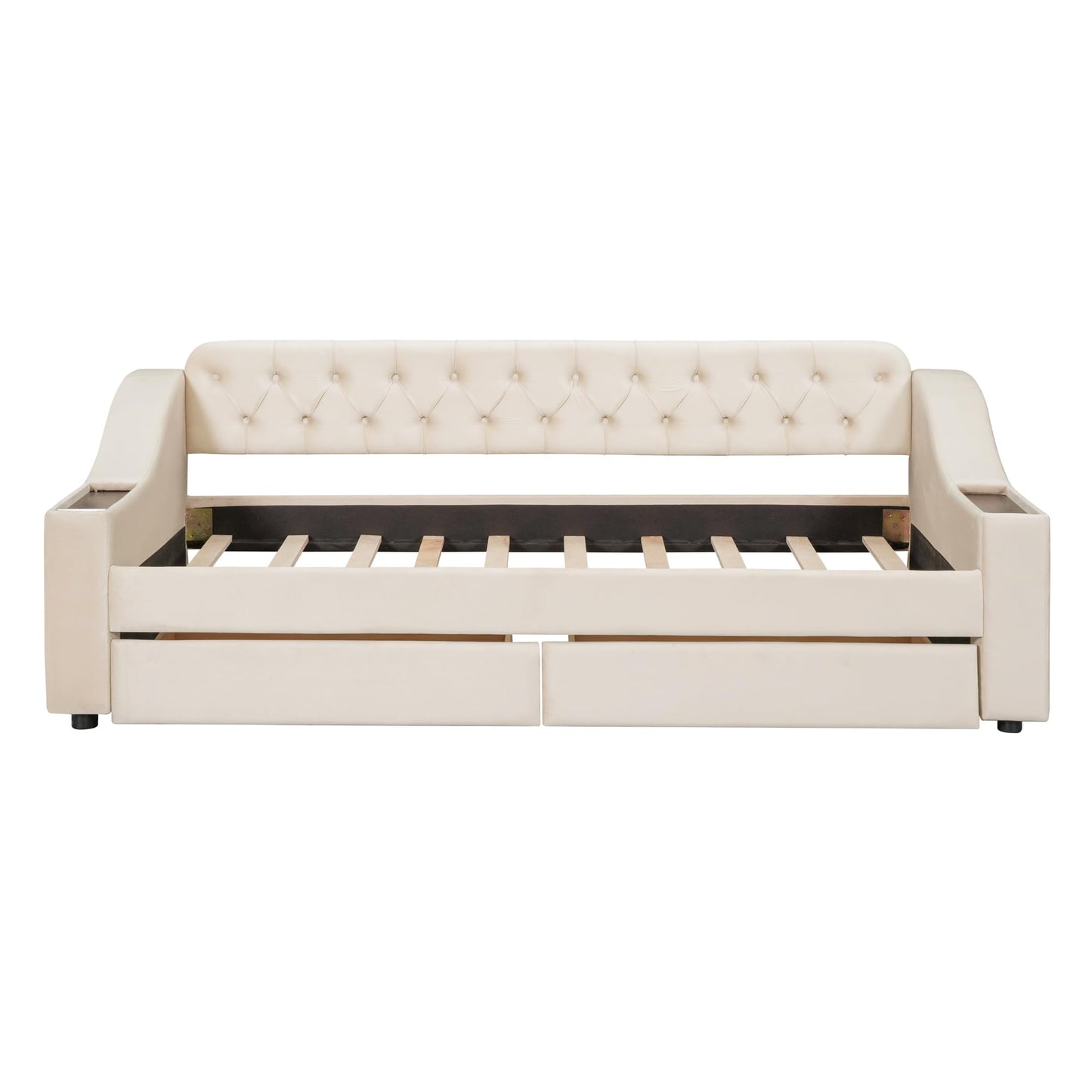 Merax Twin Size Upholstered Daybed with Storage Armrests, Wooden Sofa Bed Frame with 2 Drawers and USB Port, Beige