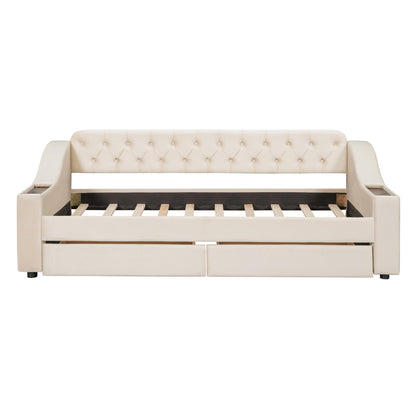 Merax Twin Size Upholstered Daybed with Storage Armrests, Wooden Sofa Bed Frame with 2 Drawers and USB Port, Beige