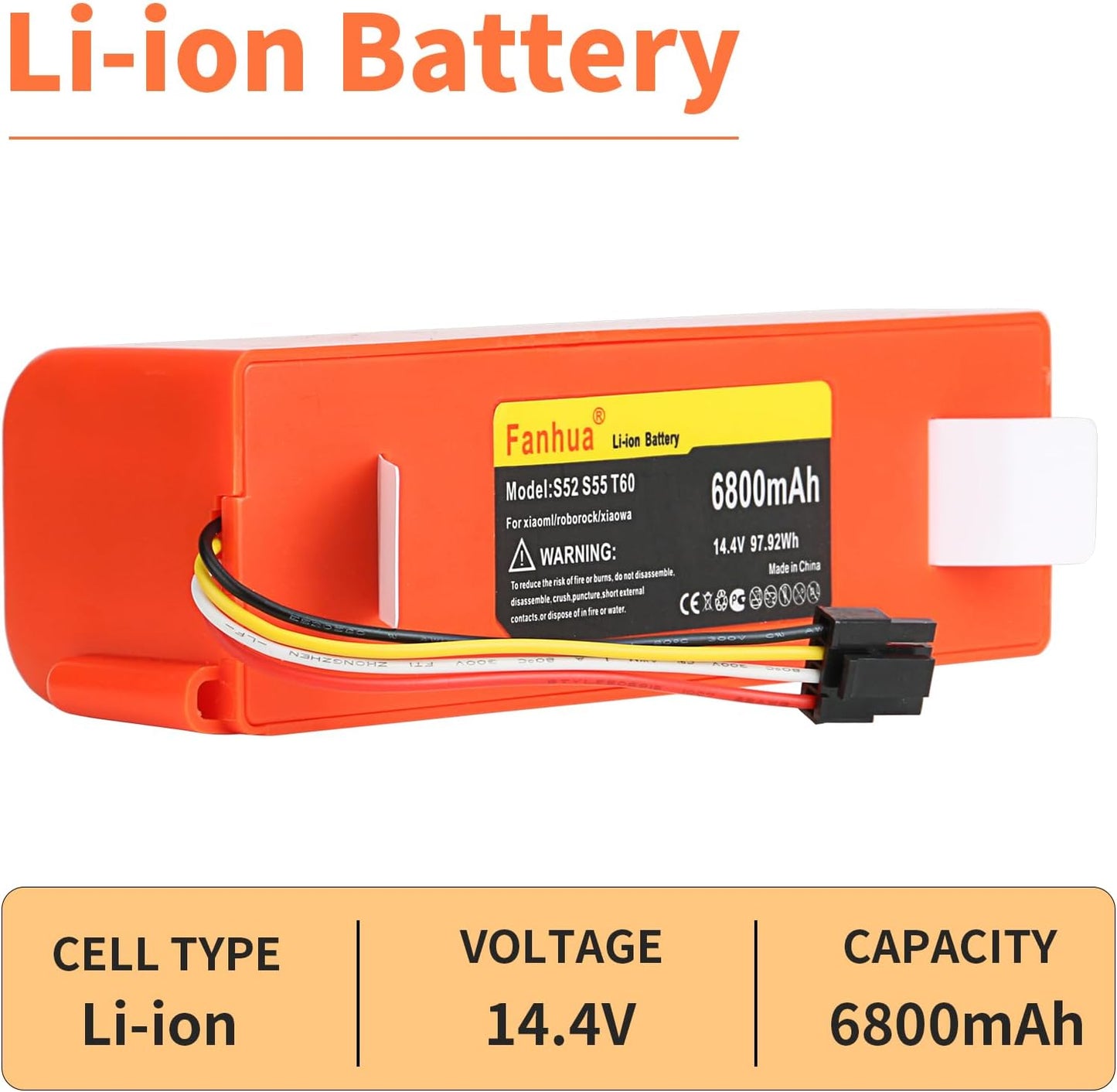 Replacement Battery 14.4V 6800mah Li-ion for Xiaomi Mijia Roborock S50 S51 S55 S5 E20 E25 C10 T6 T60 T65 S6 E35