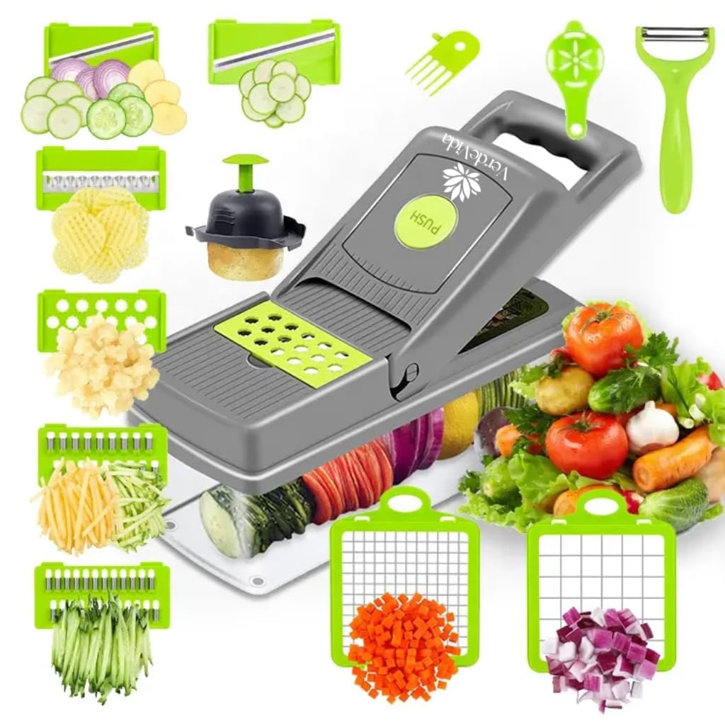 VerdeVida Vegetable Chopper, Food Chopper & Spiralizer, 15-in-1, 8 Stainless Steel Blades, Black