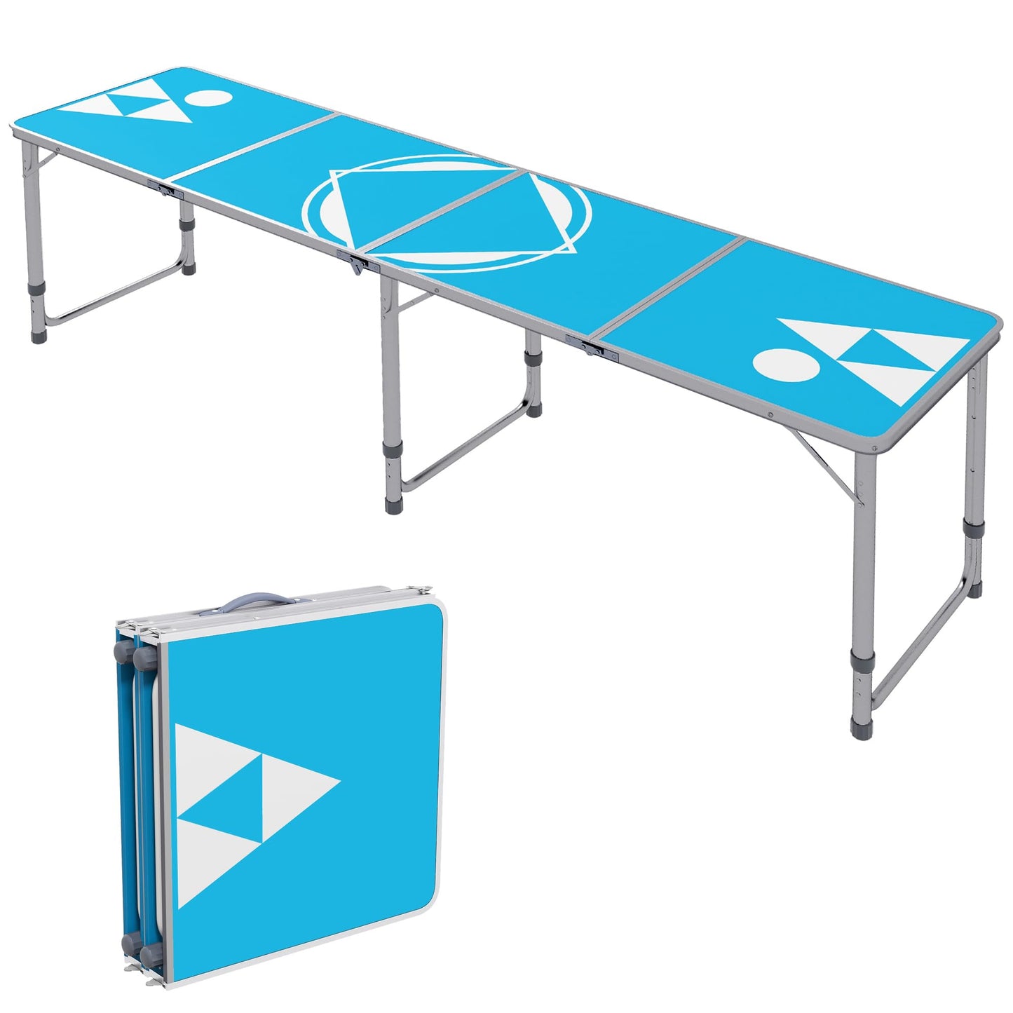 8ft Portable Beer Pong Table with Adjustable Legs, Folding Camping Table, Aluminum Picnic Table, for Party, Travel, BBQ, Beach, Blue and White