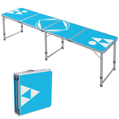 8ft Portable Beer Pong Table with Adjustable Legs, Folding Camping Table, Aluminum Picnic Table, for Party, Travel, BBQ, Beach, Blue and White