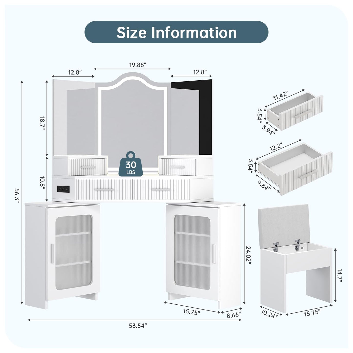 Corner Vanity with Mirror and Lights, Corner Makeup Vanity with 4 Drawers & 2 Cabinets, Vanity Set with Tri-Way Mirrors and Cushioned Stool, Big Vanities with Power Outlet Perfect for Bedroom, White