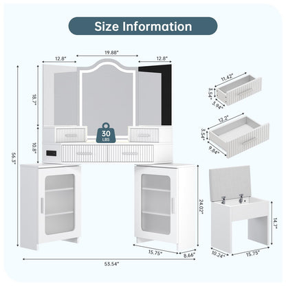Corner Vanity with Mirror and Lights, Corner Makeup Vanity with 4 Drawers & 2 Cabinets, Vanity Set with Tri-Way Mirrors and Cushioned Stool, Big Vanities with Power Outlet Perfect for Bedroom, White