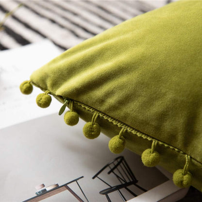 DEZENE Couch Pillow Cases 12x20 Chartreuse: 2 Pack Soft Pom-poms Velvet Rectangular Throw Pillow Covers