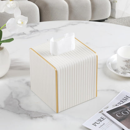 Square PU Leather Tissue Box Cover with Magnetic Closure, Decorative Tissue Holder & Storage Container for Bedroom, Living Room, Dining Room, Bathroom, Countertop, Desk & Office (Beige)