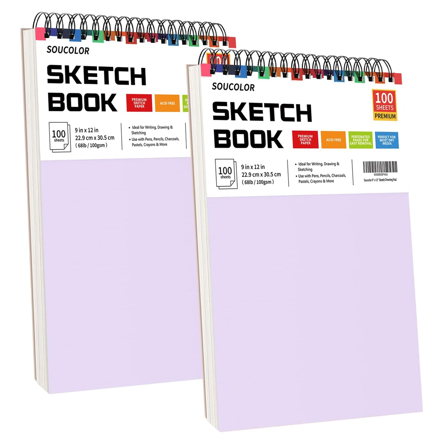 Soucolor 9" x 12" Sketch Book, 2 Pack School Art Supplies Gifts for Girl, Birthday Gifts for Women, Thank You Gifts, Stocking Stuffers,200-Sheets Each (68lb/100gsm) Purple Drawing Notebook for Kids