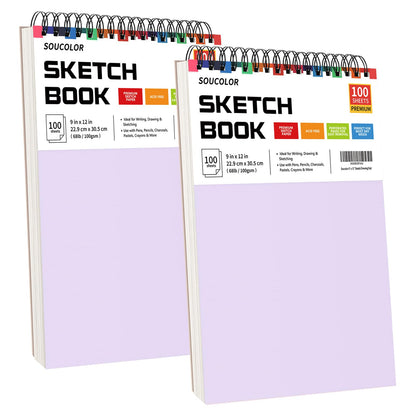 Soucolor 9" x 12" Sketch Book, 2 Pack School Art Supplies Gifts for Girl, Birthday Gifts for Women, Thank You Gifts, Stocking Stuffers,200-Sheets Each (68lb/100gsm) Purple Drawing Notebook for Kids