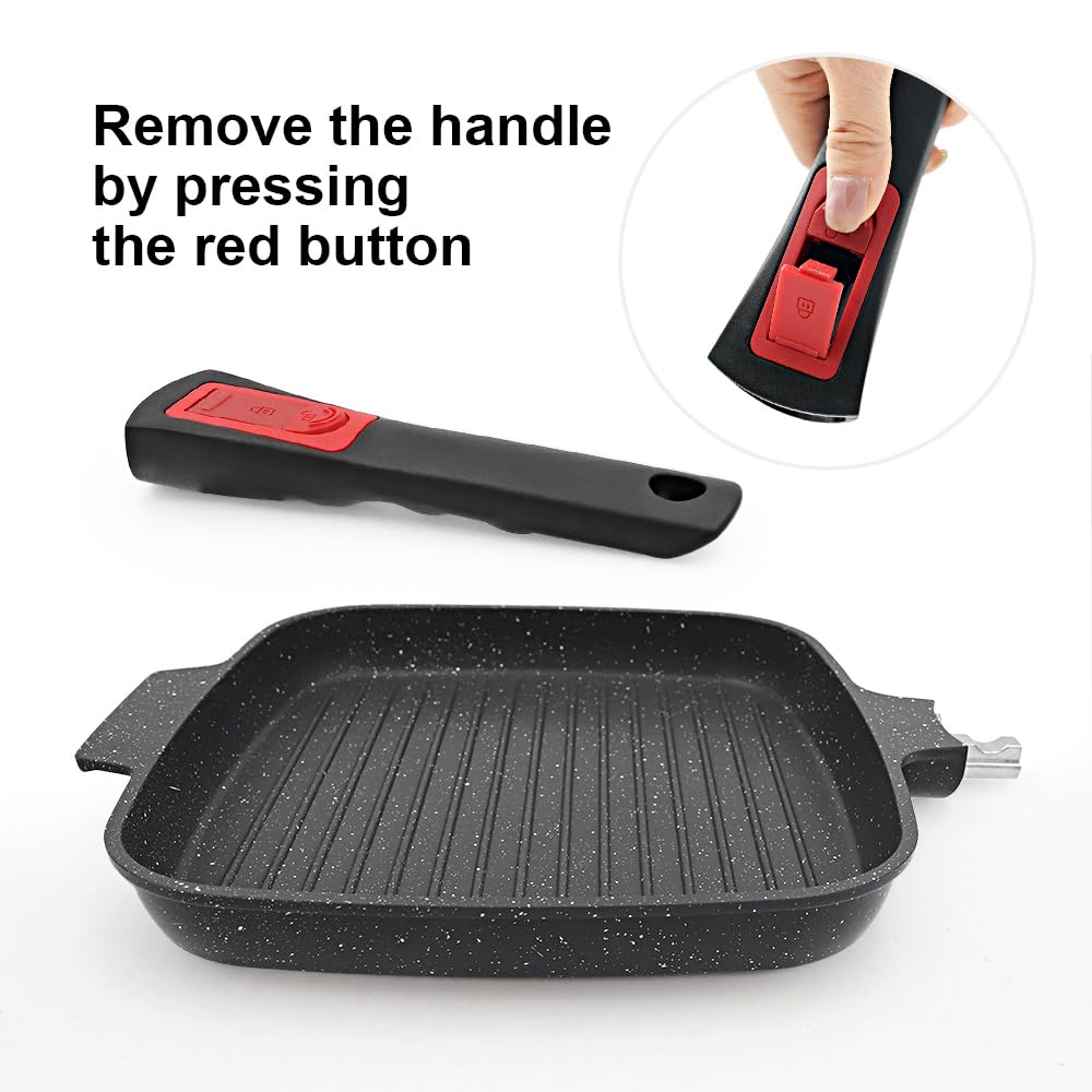 RANX INGST Griddle Pan with Lid, 10 Inch Cast Aluminium Non Stick Grill Pan with Detachable Handle for Induction Hob, Black