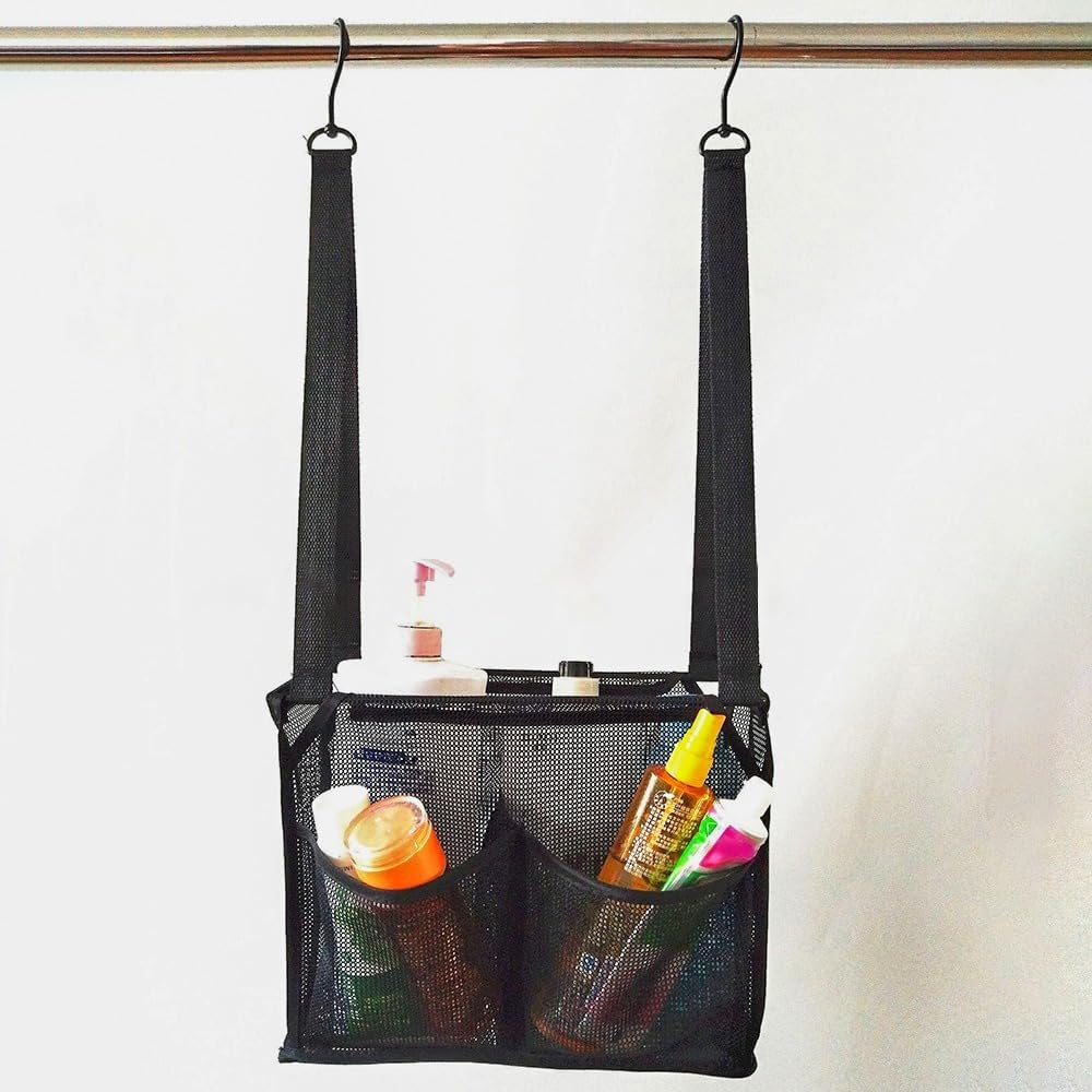 Portable Hanging Mesh Bag with 2 Hooks, Shower Organizer with 4 Storage Pockets for Bathroom and College Dorm