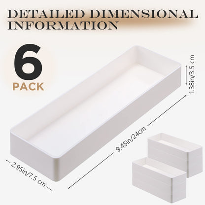 6 Pack Plastic Desk Drawer Organizer Tray 9.5 x 3 x 1.4 Inch White Desk Organizer Desktop Accessory Tray Stackable Trays for Office Makeup Bathroom Kitchen Vanity