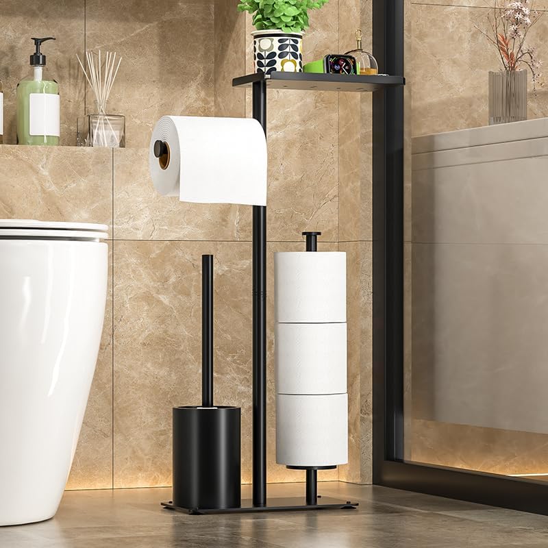 Skiennix Modern Bathroom Toilet Paper Stand - Stylish Black Metal Holder with Storage Shelf for 3 Mega Rolls | 24x12x60 Inches
