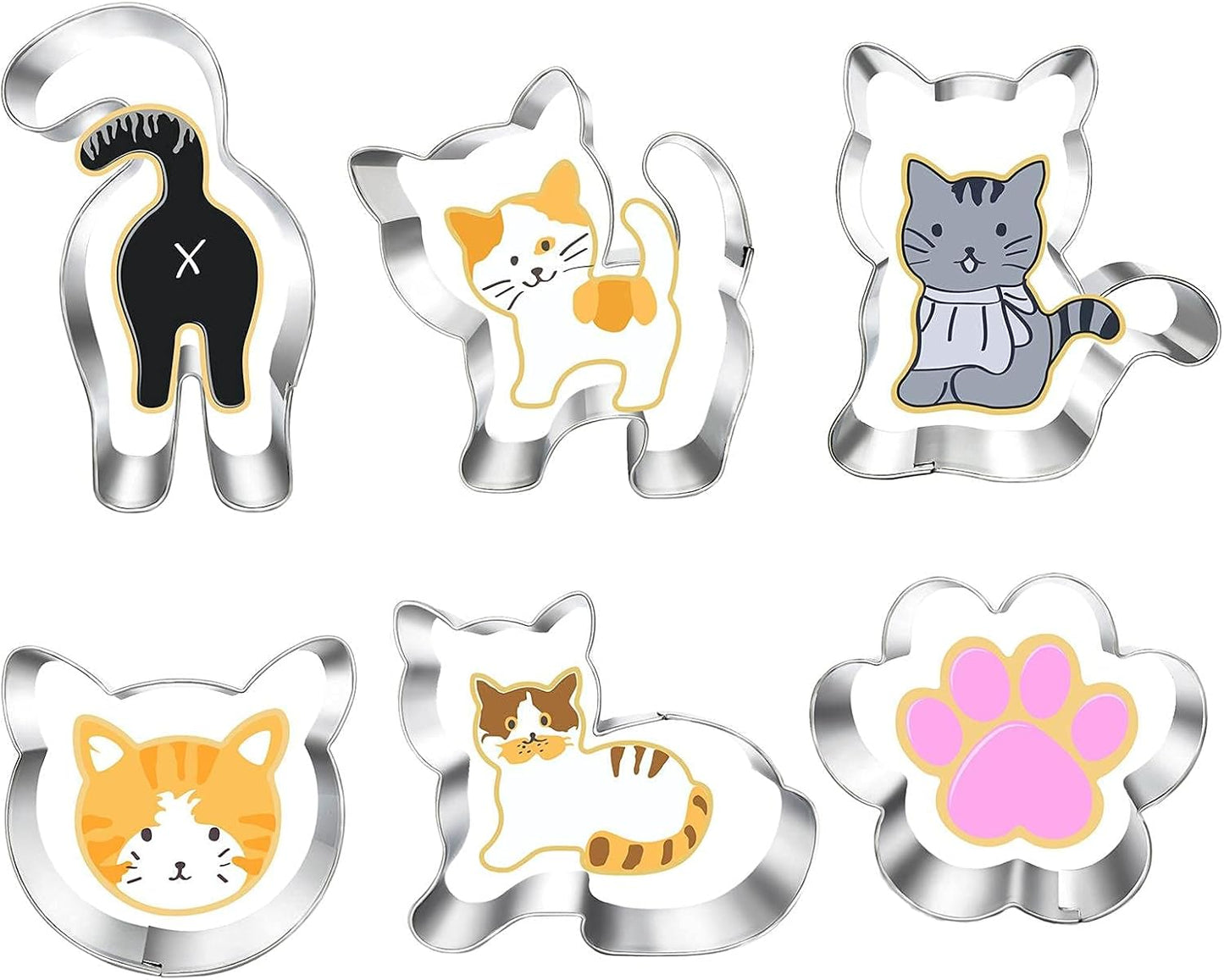 Kitty Cat Cookie Cutter Set, 6 Piece Cat Face, Kitty Butt, Paw and Cute Shapes for Themed Party