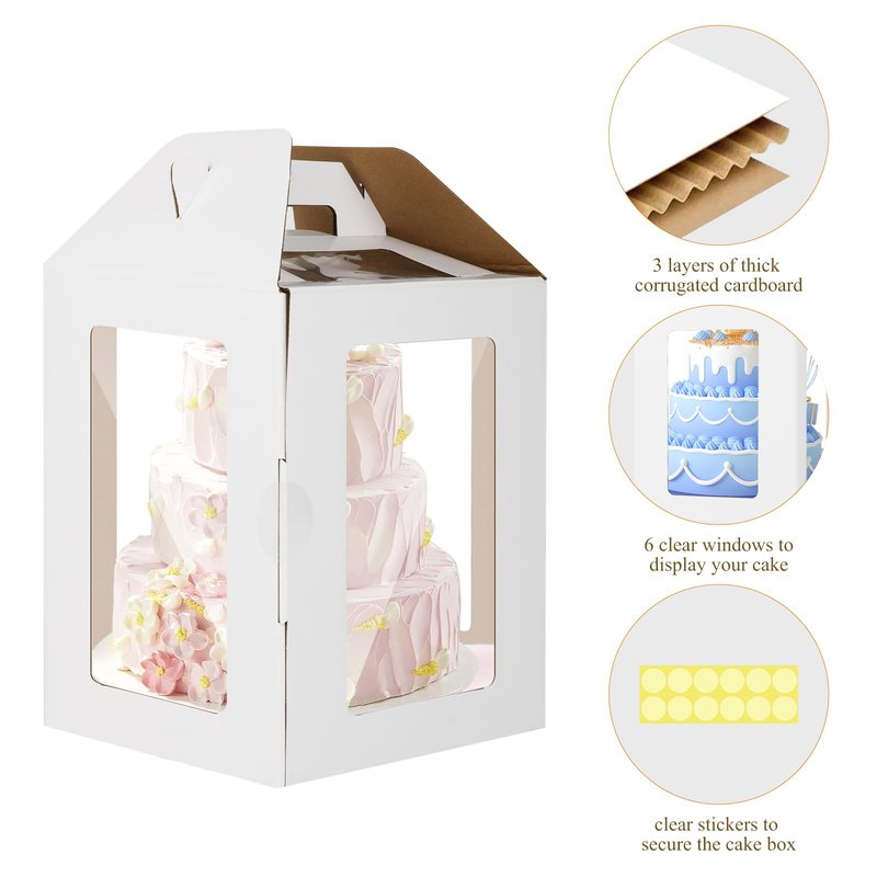 2 Pack Tall Cake Boxes for Tier Cakes with Cake Boards, 12x12x14 Inch 2 Tier Cake Box Tall Cake Carrier Large Tiered Cake Box with Handle for Valentine's Day, Mother's Day, Wedding, Birthday Party