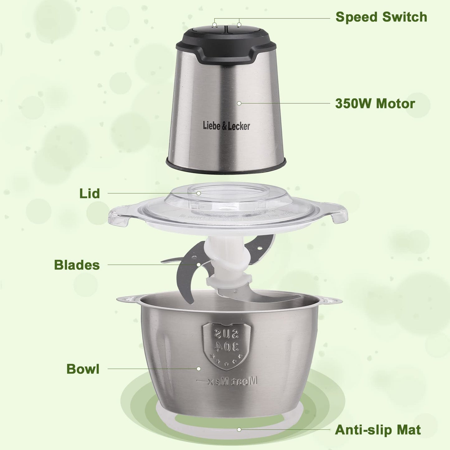Liebe&Lecker Food Processor, Meat Grinder with 1 Bowl 8 Cup, Electric Food Chopper with 4 Large Sharp Blades for Meat, Fruits, Vegetables, Baby Food, Nuts, 2 Speed