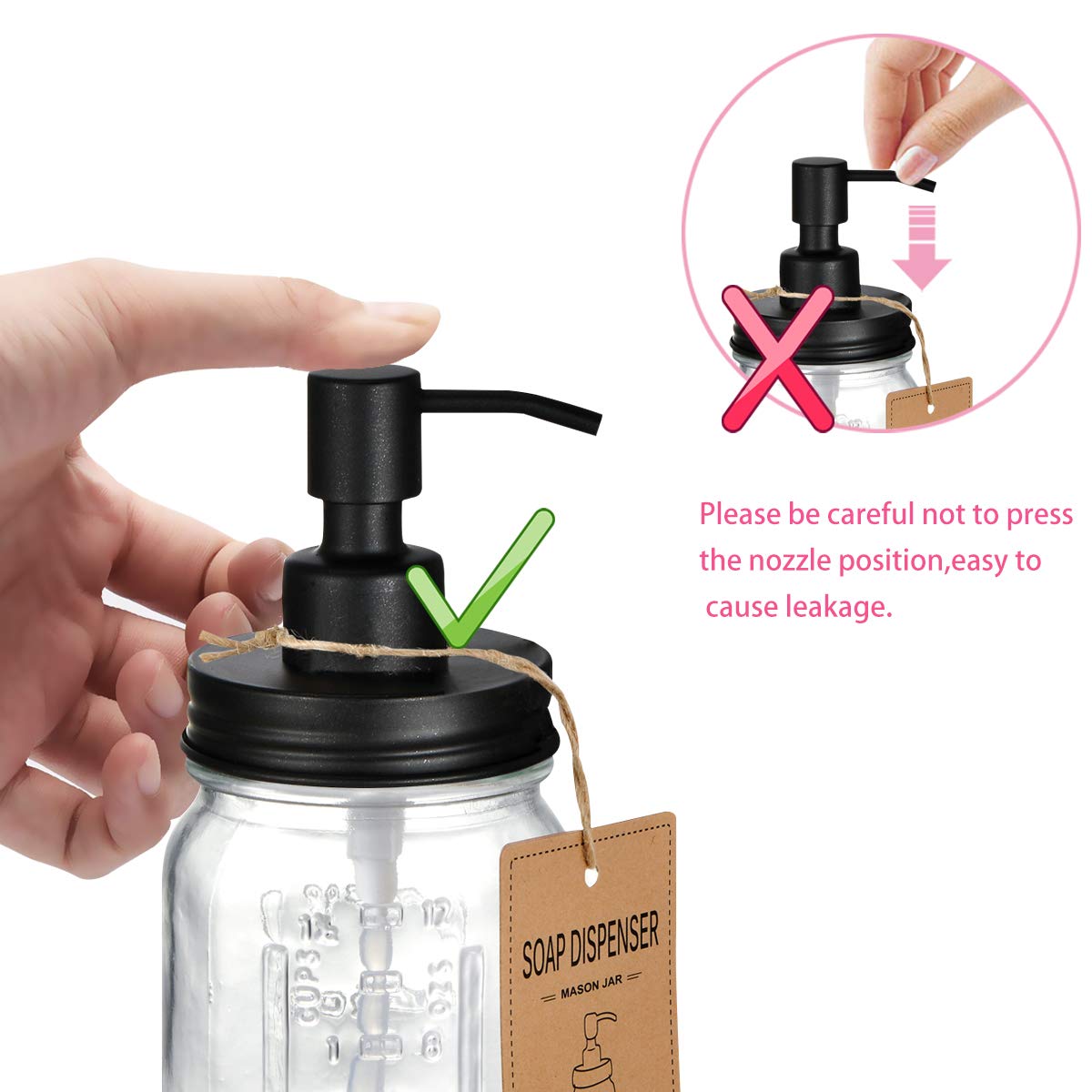 Amolliar Mason Jar Liquid Soap Dispenser, 16OZ Refillable Glass Soap Dispenser for Bathroom, Hand Soap, Dish Soap, Lotion Dispenser for Kitchen, Farmhouse Decor, Soap Pump Bottle, Black 2 Pack