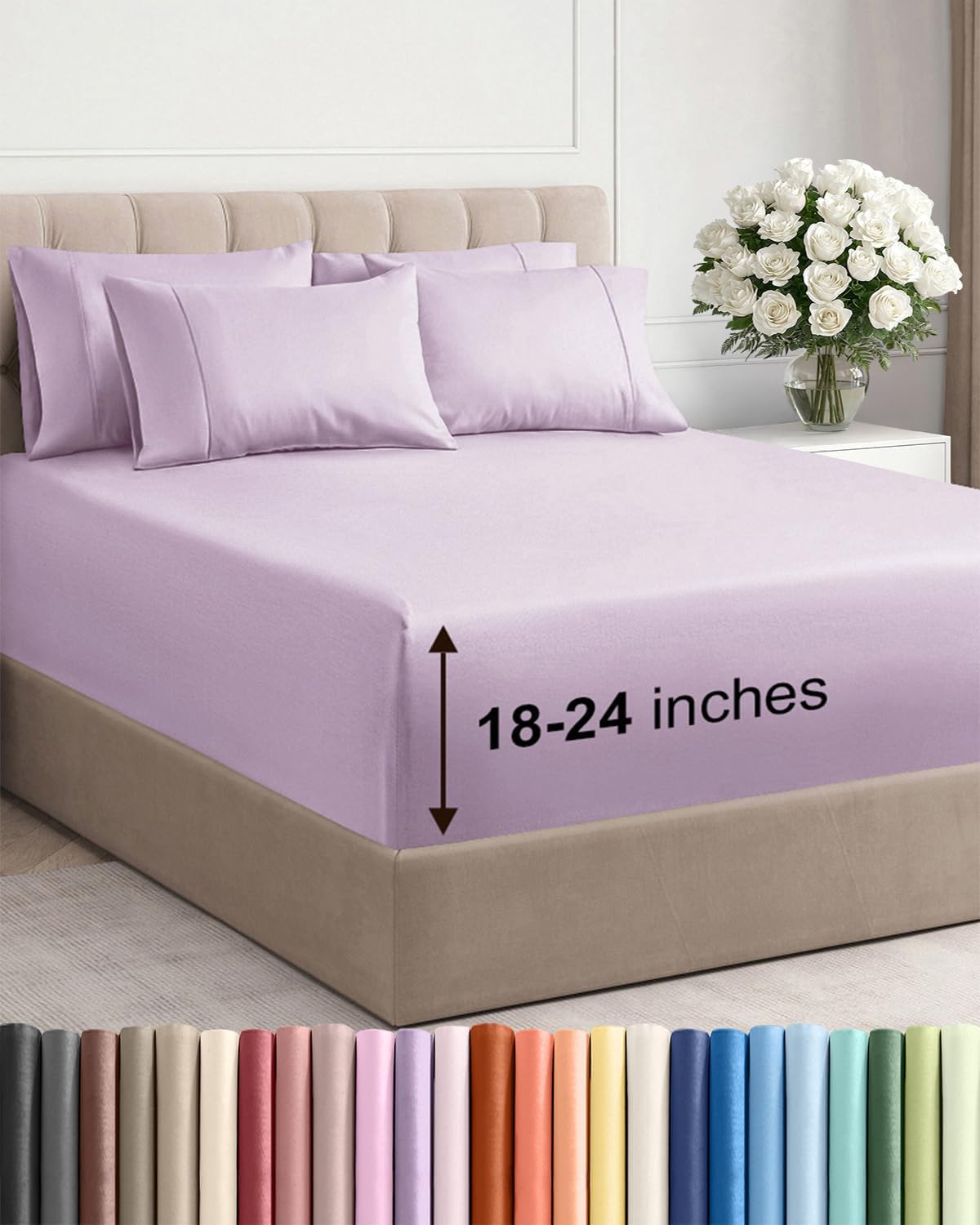 Skiennix Extra Deep King Sheet Set | 6-Piece Breathable Cooling Bedding - Soft Light Lavender, Wrinkle-Free