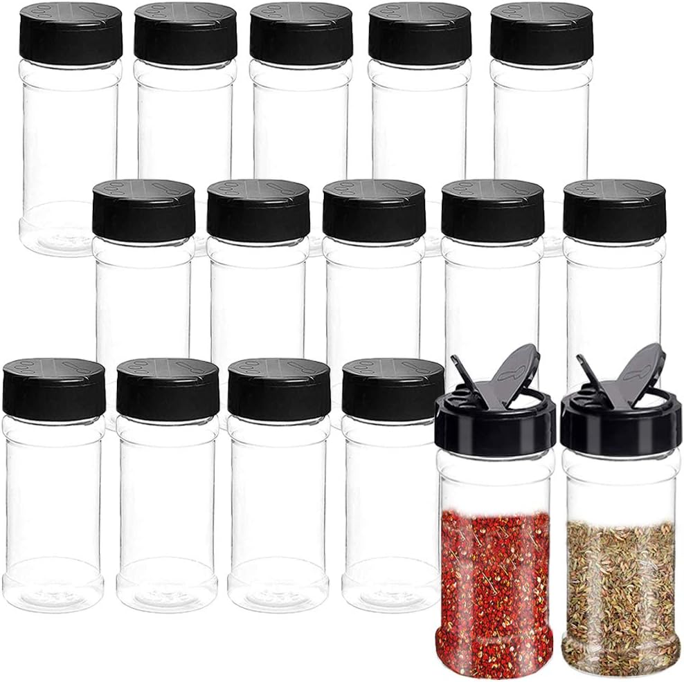 16 3.5oz PCS Plastic Seasoning Containers with Black Screw Lids to Pour or Shake,Portable Empty Clear Spice