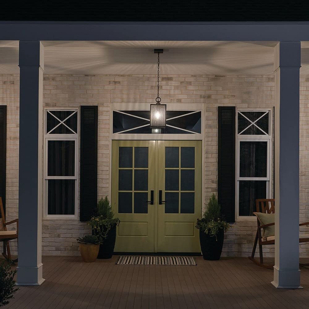 Kichler Lahden 1-Light Outdoor Convertible Pendant Light Fixture with Clear Seeded Glass in Weathered Zinc for Porch, Patio and Entryway (9" x 17.25"), 59008WZC
