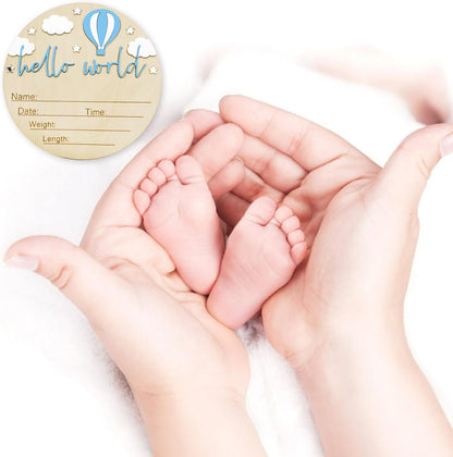 Skiennix Baby Announcement Sign - 5.9 Inch Wooden Hello World Newborn Sign with Pen | Hot Air Balloon & Cloud Design (Blue)