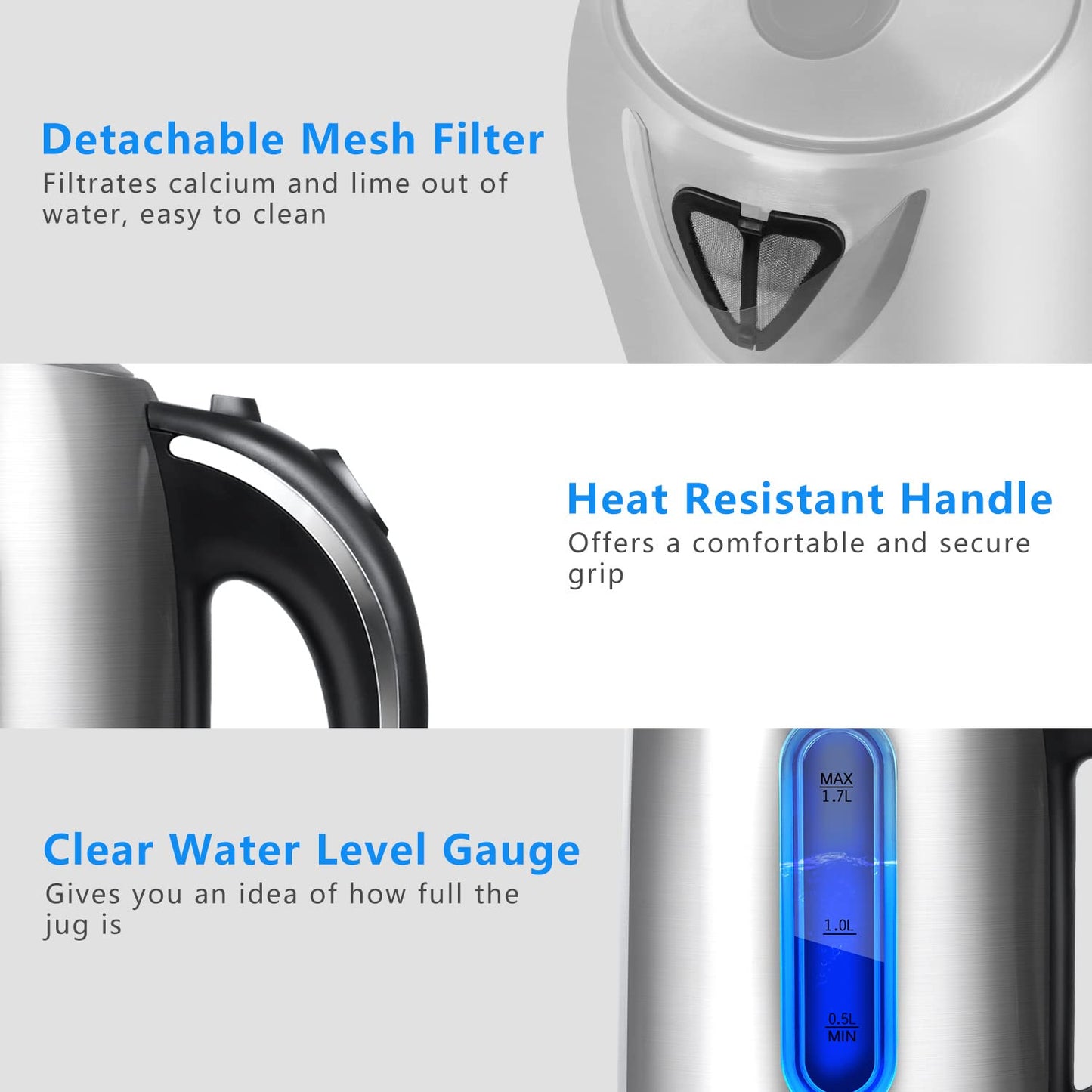 Aigostar King - Electric Kettle Stainless Steel, 1.7 Liter Cordless Tea Kettle, 1100W Hot Water Kettle with Auto Shut-Off, BPA-Free