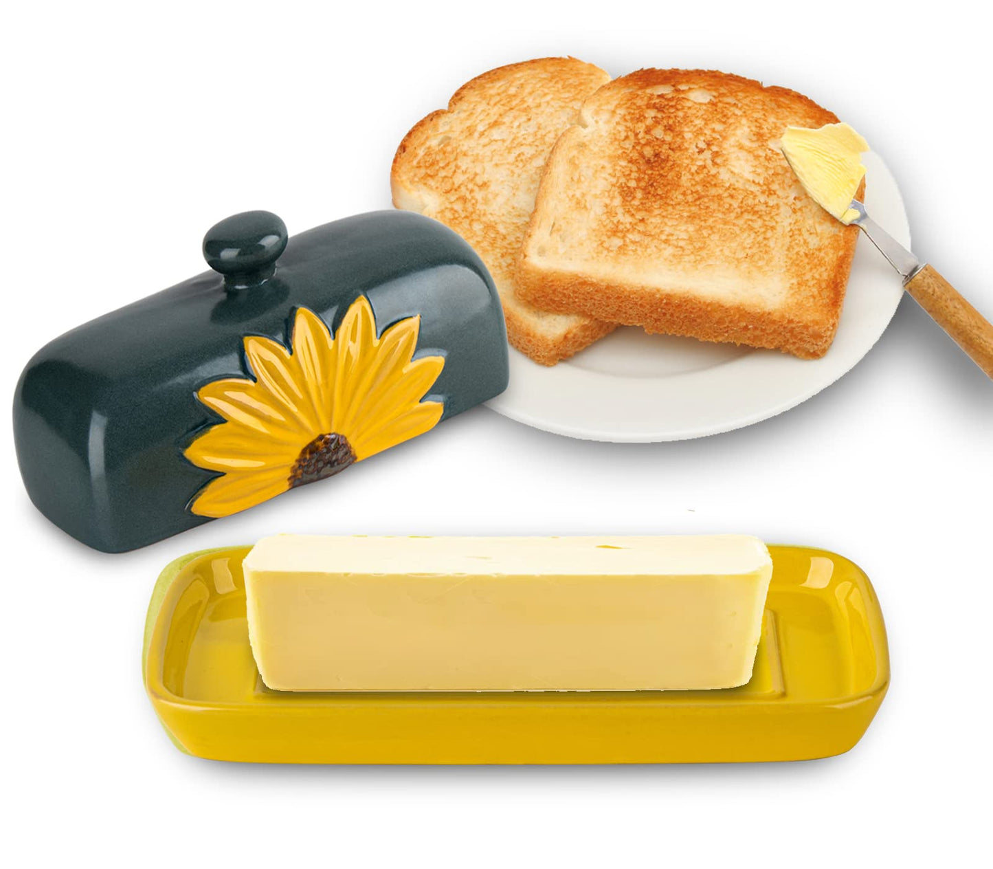 Butter Dish With Lid For Countertop Ceramic Butter Keeper Sunflower Butter Container Butter Holder Tray Large Covered Farmhouse