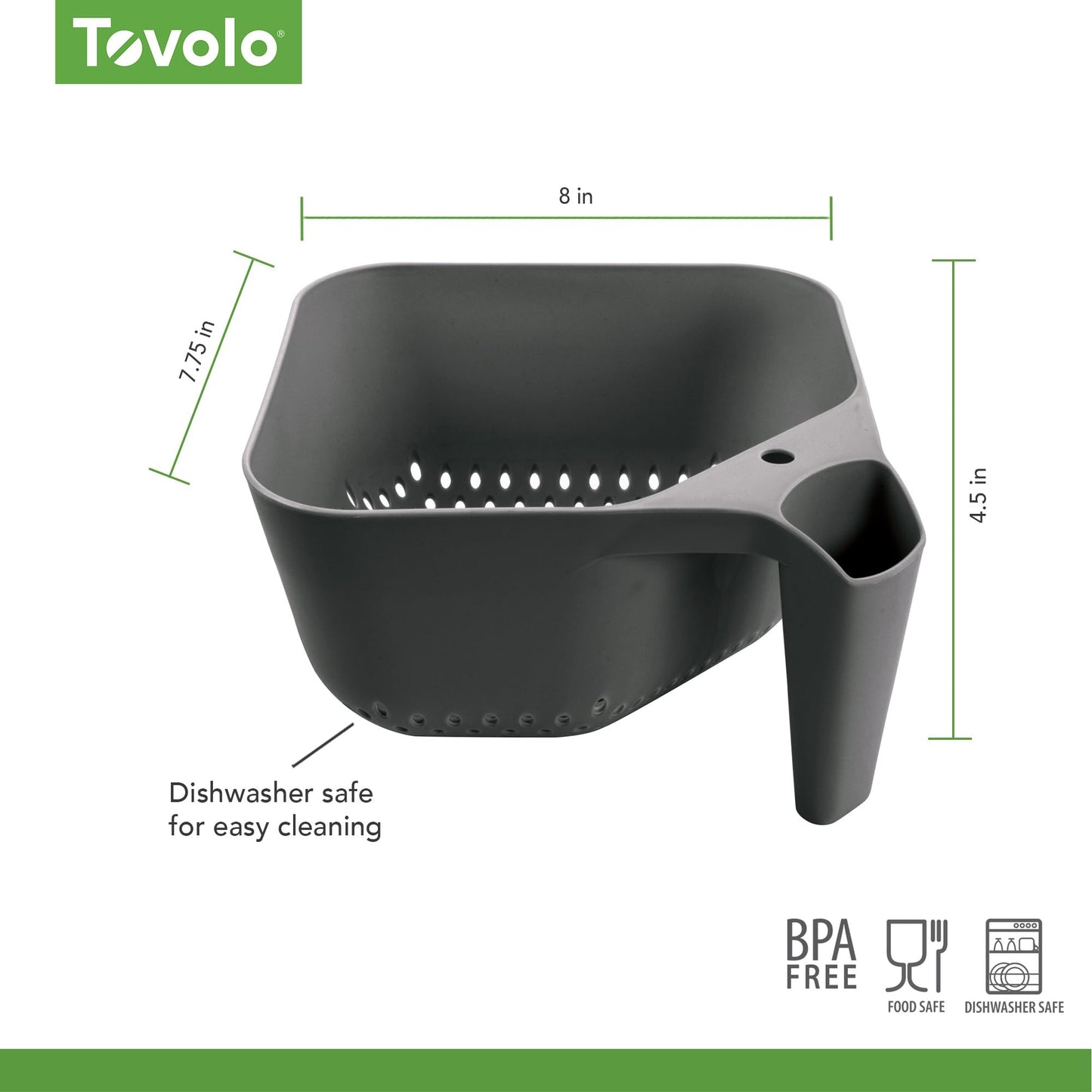 Tovolo Elements Square Colander with Handle Strainer Basket for Pasta Fruit Berries Veggies, Easy to Clean BPA Free Heat Resistant Plastic Colander with Spout 3 Quart Kitchen Strainer, Charcoal Gray