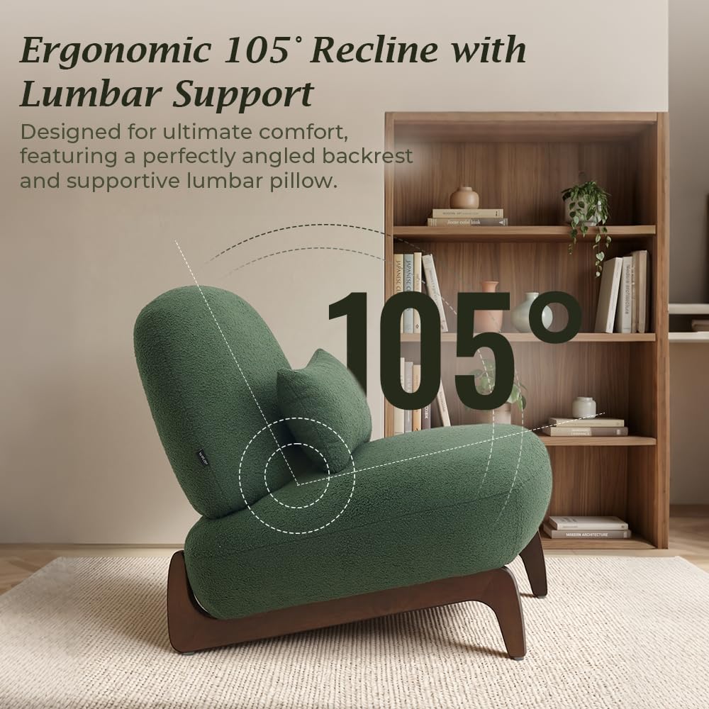 WELAX Modern Boucle Accent Chairs Set of 2, Sturdy Tilted Wood Legs with Thick Cushion & Comfy Lumbar Pillow, Armless Reading Chairs for Living Room, Lounge, Bedroom - Green