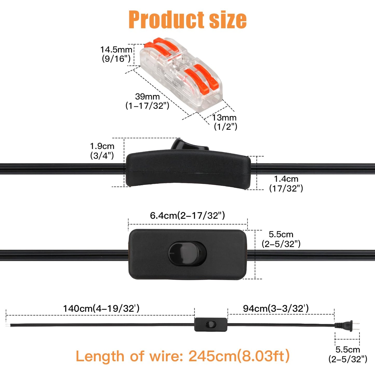 Asjeumt 2Pcs 8FT Lamp Cord with Switch Replacement Lamp Cord Switch Set with Plug 2 Polarized Black 18 AWG SPT-2 Wire ON OFF Button Switches 8 Feet DIY Rewiring Repairing Wiring Electrical Light Cords