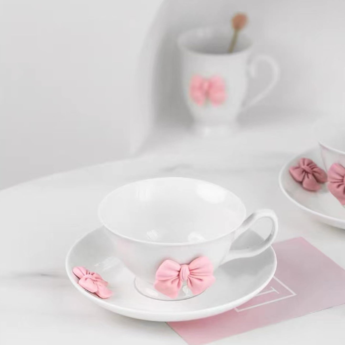 Disoza Bow Coffee Mugs Set with Saucer 200 ML Coquette Mug Porcelain Bow Cute Tea Cup Coffee for Women Girl