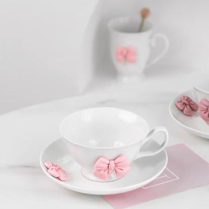 Disoza Bow Coffee Mugs Set with Saucer 200 ML Coquette Mug Porcelain Bow Cute Tea Cup Coffee for Women Girl